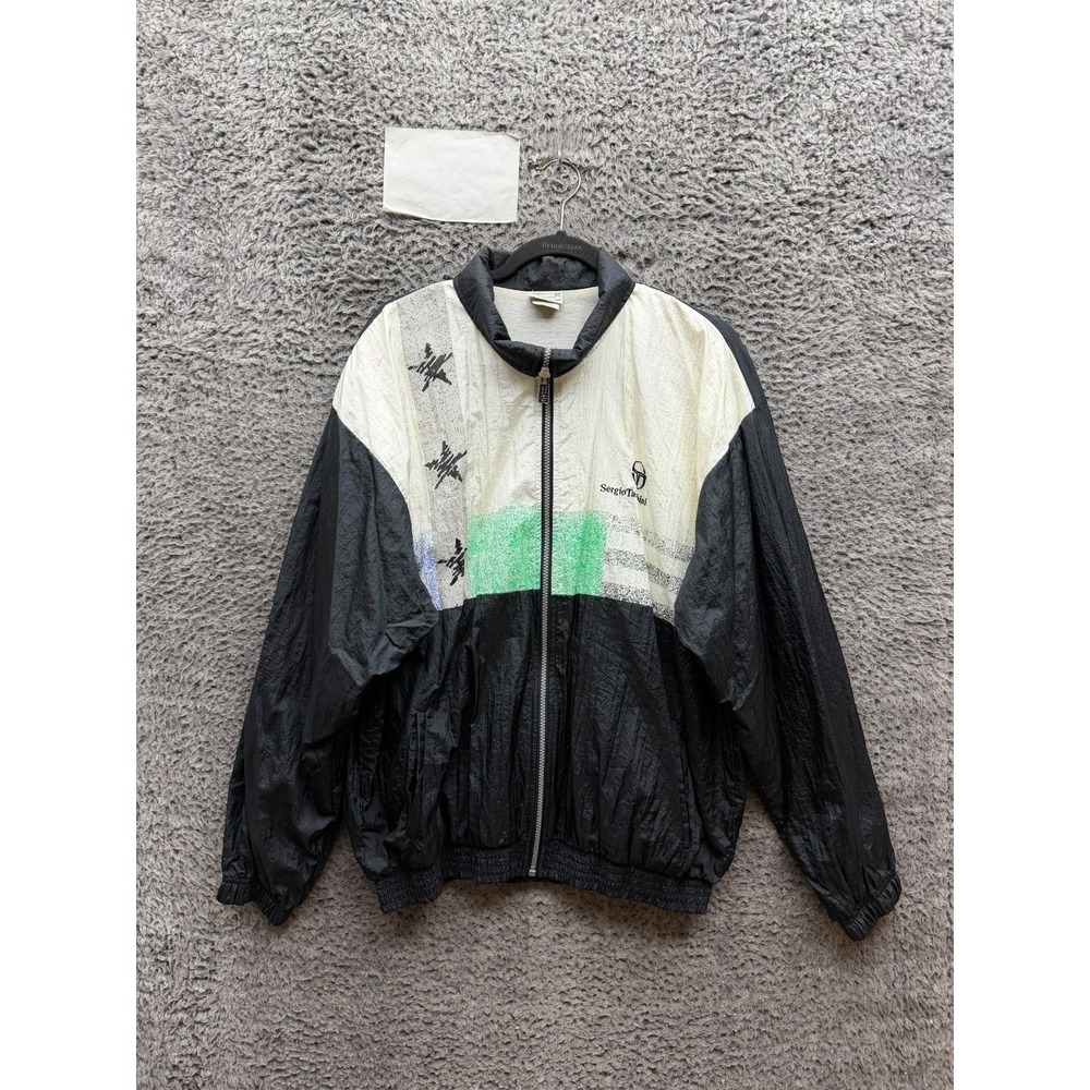 Vintage 90s Sergio Tacchini Stars Windbreaker Track Jacket Black Multi Size 40
